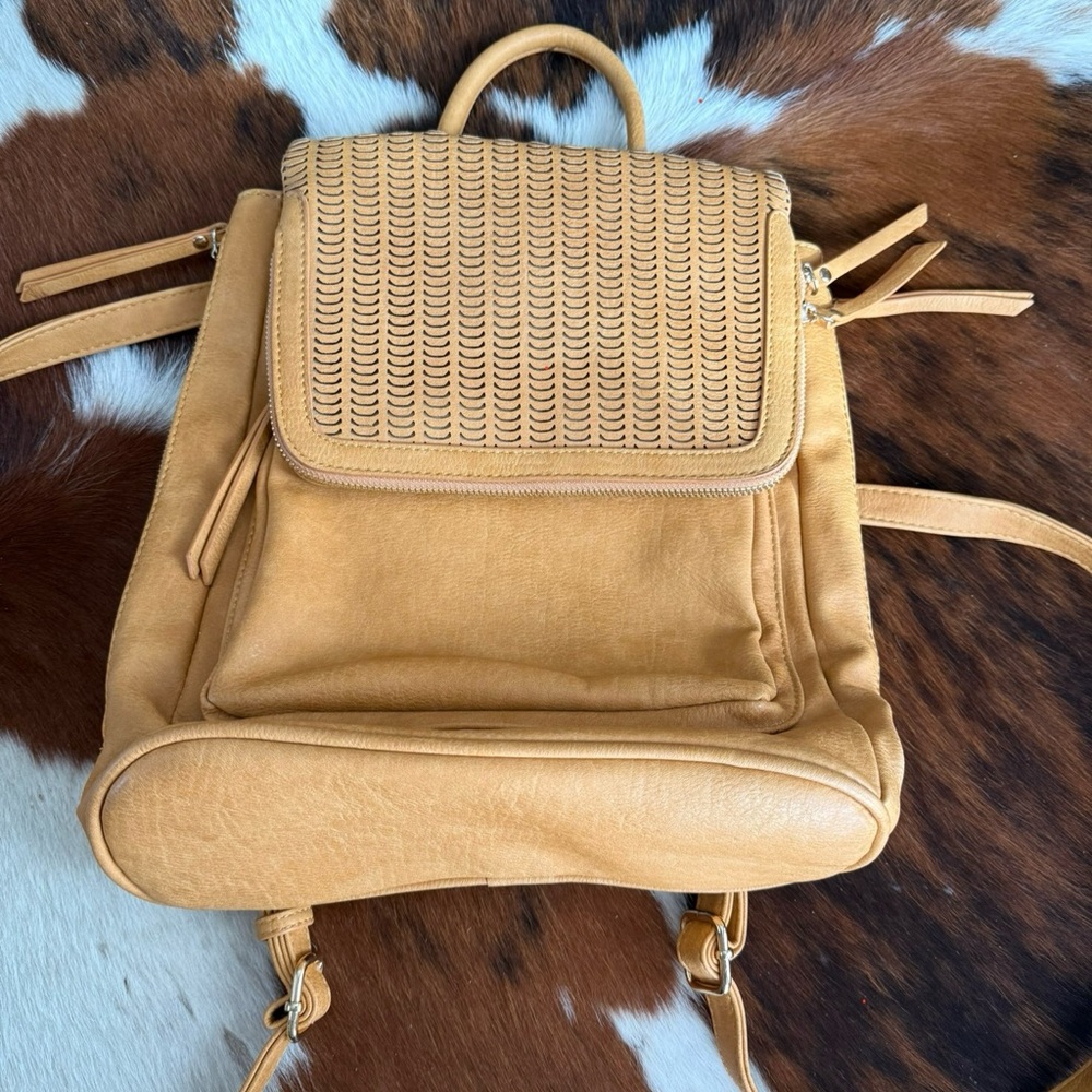 Tan Woven Leather Backpack